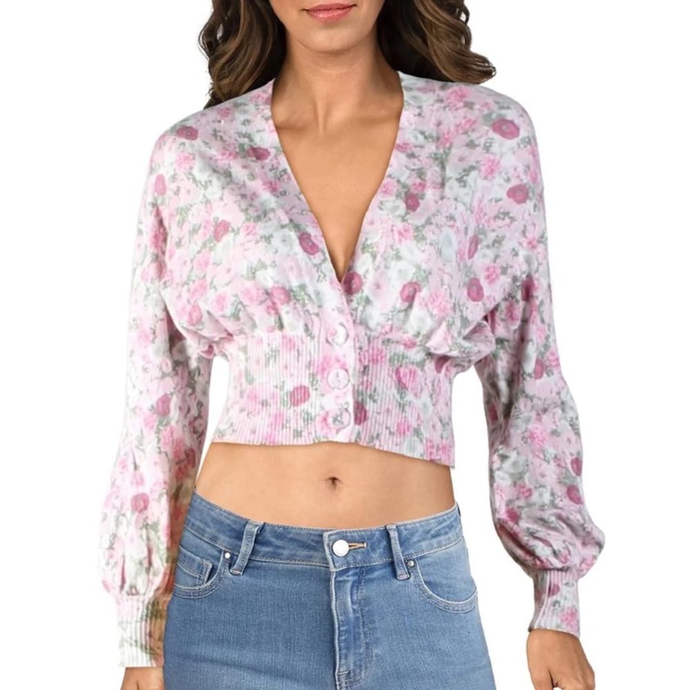 INC FLORAL PRINT RIBBED KNIT CROPPED CARDIGAN SWEATER